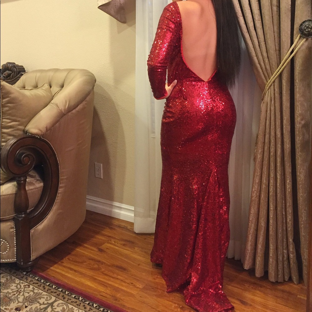 Red backless sequin prom dress
